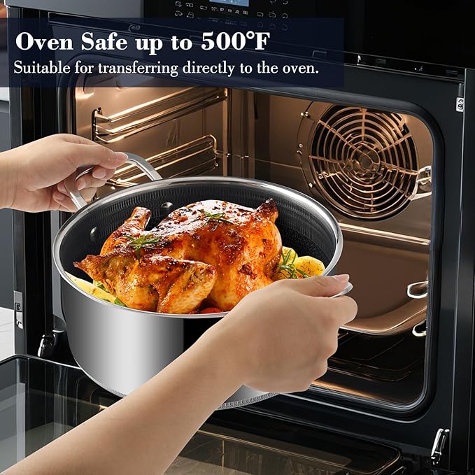 Tri-Ply Stainless Steel Stock Pot, 5 Quart Pot with Lid - Non Stick Pots -Induction Ready, Cooking Pots with Lids, Cool Handles, Dishwasher (Stainless Steel, 8PCS)