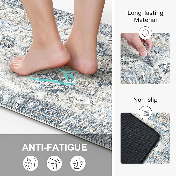 GENIMO Kitchen Mats for Floor 2PCs, Washable Anti Fatigue Mat for Cushioned, 17.3"x47"+17.3"x30", 0.4 inch, Waterproof Kitchen Rug, Non Slip Standing Mat for Home, Runner, Office, Laundry, Light Blue