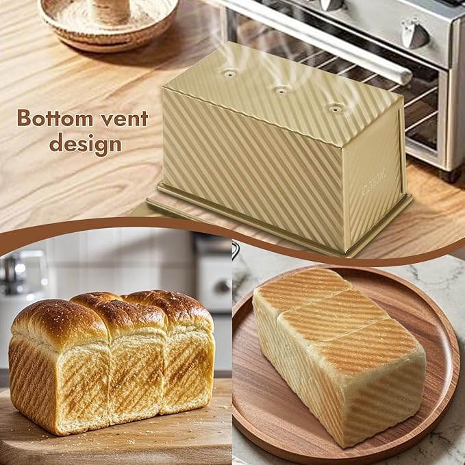 CURTA Pullman Loaf Pan with Lid 1 lb Dough Capacity Non-Stick Bakeware for Baking Bread, Corrugated sourdough bread pan, Champagne Gold 1pcs