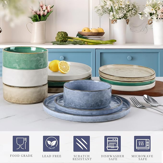 LIANYU 12 Piece Dinnerware Sets, Stoneware Tableware Dish Set for 4, Plates and Bowls Dishware for Dinner Dessert Pasta, Chip & Scratch Resistant, Multi-color