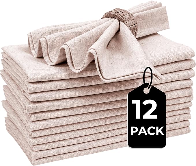 Bedding Craft Linen Flax Cotton Cloth Dinner Napkins Set of 12 – 18x18 Natural Hemstitched Reusable Fabric Napkins for Weddings, Parties, Dinners & Table Décor – Elegant & Durable