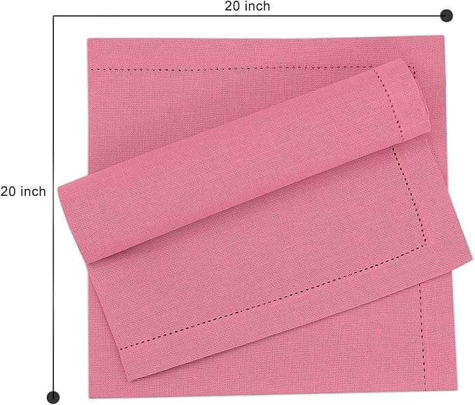 Ruvanti Premium Linen Napkins Set of 12-20x20 Inch, Classic Hemstitch, Mitered Corner Cloth Napkins ‎‎- Soft, Elegant Dinner Napkins Cloth Washable for Weddings, Parties, Everyday Use - Pink