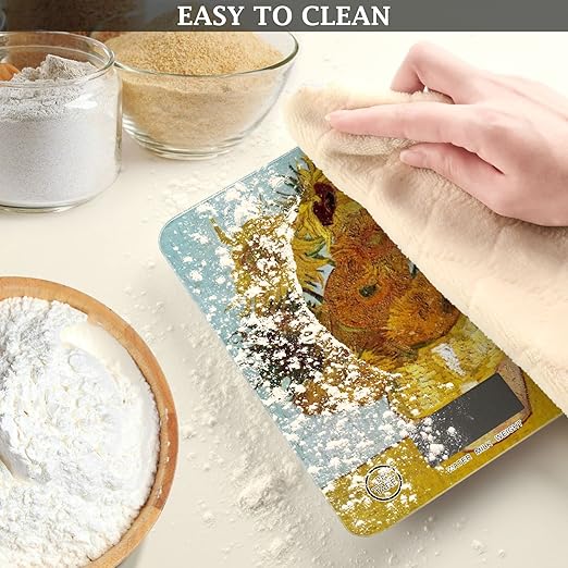 Food Scale Kitchen Digital Scale Food Ounces and Grams Dieting Baking Cooking Waterproof Glass Panels LCD Display,4 Units Scale Tare Function Vangogh Sunflower Yellow