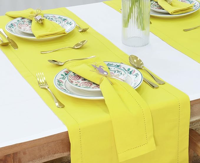PurpleEssences Set of 12 Hemstitch Cloth Dinner Napkins 100% Cotton - Soft Durable Washable - Ideal for Wedding Fall Thanksgiving - Perfect Everyday Use Table Linen 18x18 - Yellow
