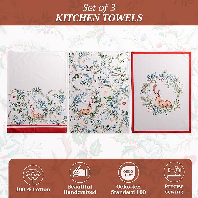 Maison d' Hermine Kitchen Towels Set of 3 100% Cotton 20" x 27.5" Reusable Cloth Tea Dish Towels Absorbent with Hanging Loop for Kitchen Dining Thanksgiving Christmas Decorations (Holly Time)