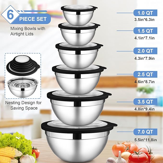 LIANYU Stainless Steel Mixing Bowls Sets of 6, Large 7, 3.5, 2.5, 2, 1.5, 1QT Size with Transparent Airtight Lids, Metal Nesting Serving Bowl Sets for Home Kitchen, Dishwasher & Freezer Safe, Black