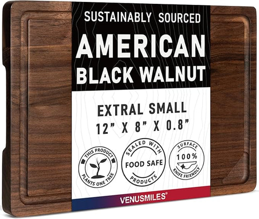 Walnut Wood Cutting Board for Kitchen with Deep Juice Groove & Side Handles, 12”L x 8”W x 0.8”H, Handcrafted North American Black Walnut Wood Grain, Small Chopping Board, Reversible Butcher Block