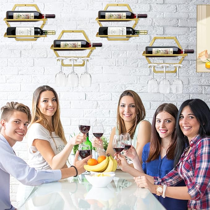 2Pcs Wall Mounted Wine Bottle Stemware Rack, Metal Hanging Wine Display Holder with 3 Stemware Glass Organizer, Red Wine Racks for Home Kitchen Bar Decor (Gold)