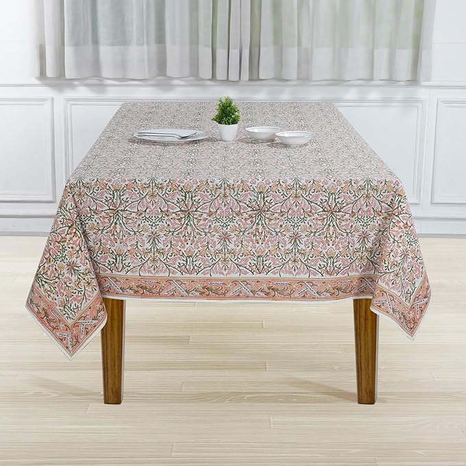 Ridhi Sassy Salmon Pink Hand Block Print Cotton Rectangle Tablecloth 190 x 72 inch-Reusable Table Cover Decorative Everyday Use for Dining Room, Farmhouse, Thanksgiving, Christmas Wedding, Fall