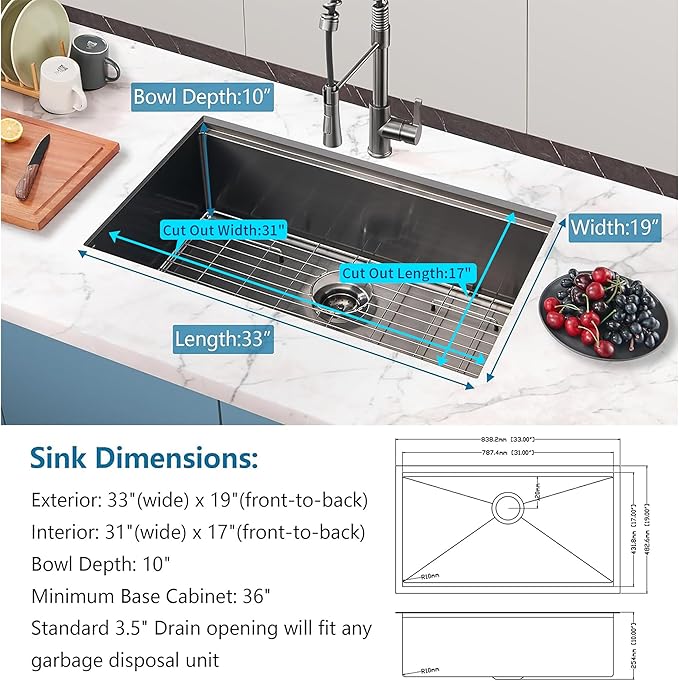 33 inch Gunmetal Black Undermount Kitchen Sink, Hausinluck Stainless Steel Undermount Workstation Sink 16 Gauge, Handmade Single Bowl Kitchen Sink with Ledge and Accessories (Pack of 5)