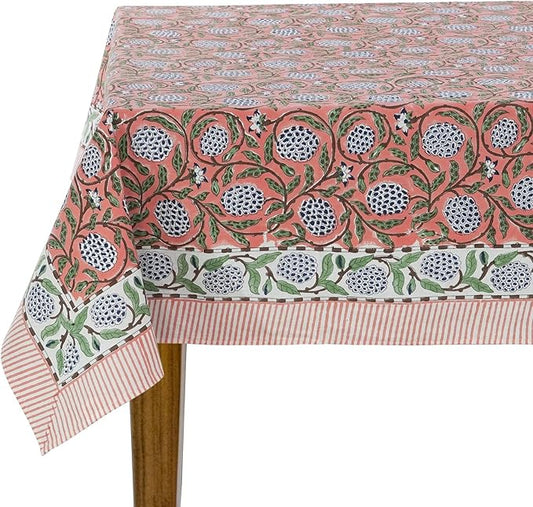 Ridhi Dark Salmon Pink Hand Block Print Cotton Rectangle Tablecloth 118 x 70 inch-Reusable Table Cover Decorative Everyday Use for Dining Room, Farmhouse, Thanksgiving, Christmas Wedding, Fall