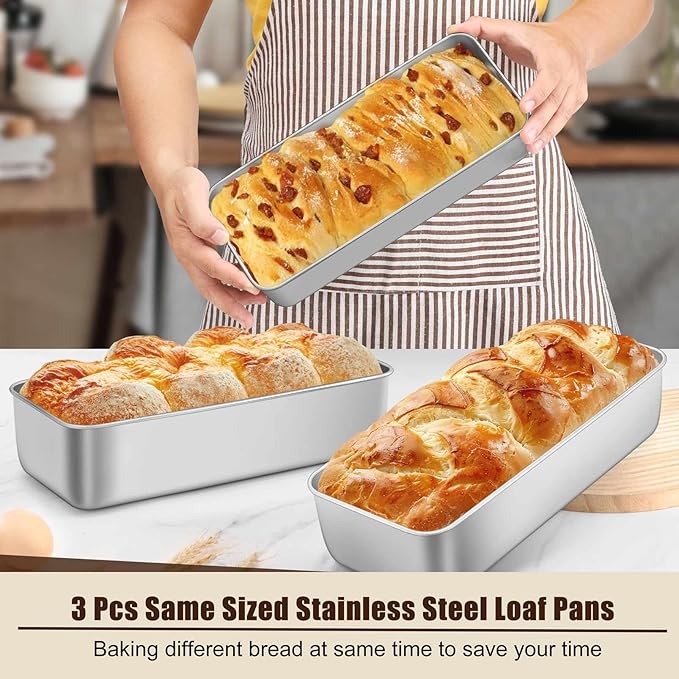 P&P CHEF Loaf Pans for Baking Bread, 12 x 5 Inch Large Stainless Steel Bread Loaf Pan Tins for Homemade Meatloaf Cake Brownies, Healthy & Sturdy, Oven & Dishwasher Safe, 3Pcs