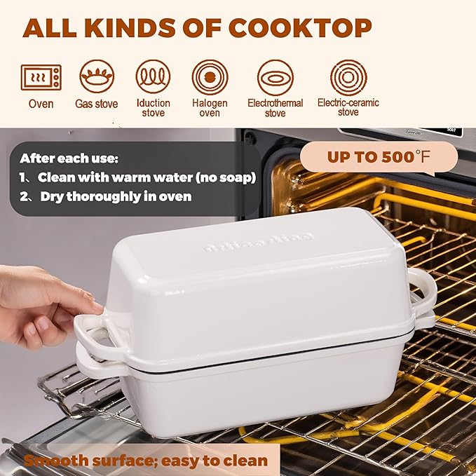 11x5 Inch Cast Iron Bread Loaf Pan With Lid, 5.8 Qt Large Loaf Pan for Sourdough Bread Baking, Heavy Duty Dutch Oven Bread Pan For a Crispy Crust (Cream White)