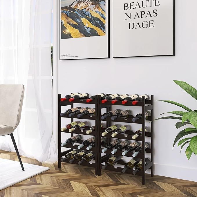 SMIBUY Bamboo Wine Rack, 20 Bottles Display Holder, 5-Tier Free Standing Storage Shelves for Kitchen, Pantry, Cellar, Bar (Dark Brown)