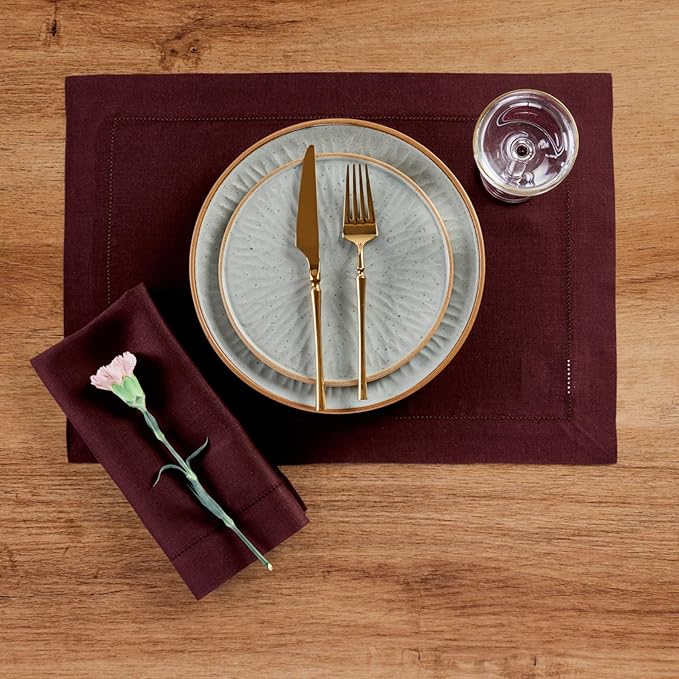 Solino Home Linen Cloth Napkins Set of 4-100% Pure Linen Burgundy Dinner Napkins 20 x 20 Inch for Fall, Autumn, Thanksgiving, Christmas, Winter - Classic Hemstitch, Handcrafted and Machine Washable