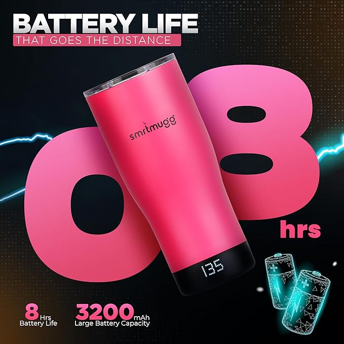 X Heated Coffee Mug 19 oz., 8 Hour Battery Life, Self-Heating, Adjustable Temp Controlled, LCD Screen, Includes Cover with Magnetic Slider (Black) (Hot Pink)