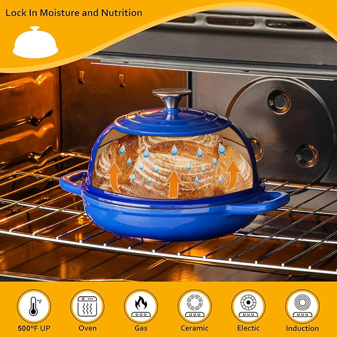 Velaze Enameled Cast Iron Dutch Oven for Bread Baking,5 QT Round Bread Oven Pot with Dome Lid for Sourdough, Roasting,Braising(Blue)