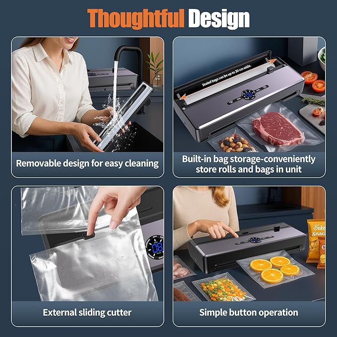 Sealer Machine for Food Storage, 85KPA Strong Suction, Dry/Moist Mode, Automatic Seal in 10-20 Seconds with 10 Vacuum Bags & 1 Roll, Built-in Cutter, Bag Storage & Vacuum Hose, for Home Kitchen Use