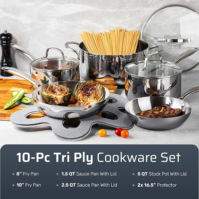 Gotham Steel 10 Pcs Stainless Steel Cookware Set, Pots and Pans Set Non Stick with Induction Cookware, Made Without PTFE PFOA PFOS, Metal Utensil Safe, Oven and Dishwasher Safe