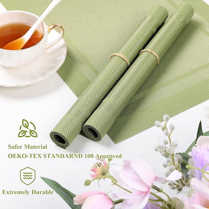 SHACOS Woven Vinyl Placemats Set of 4 Wipe Clean Place Mats Non Slip Reversible Dining Table Mats Indoor Outdoor (4, Frame Olive Green)