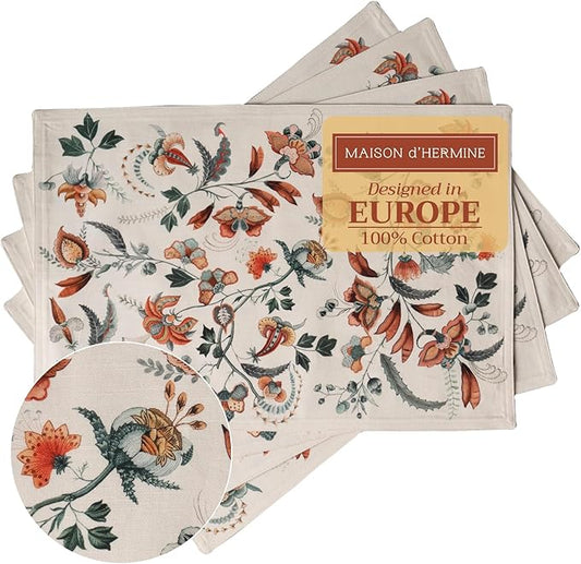 Maison d' Hermine Placemats Set of 4 100% Cotton Washable Cloth Place Mats, Reusable Table Mats for Thanksgiving Christmas Decorations Kitchen Dining Party Wedding Restaurant (Dalida, 13" x 19")