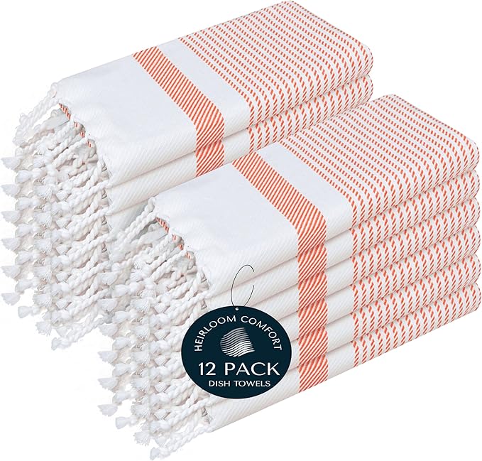 Orange Turkish Kitchen Towels 16x26 Inch, 12 Pack, 100% Cotton, Ultra Absorbent, Soft, Fast Dry, Machine Washable, Dish Towel with Tassels for Drying Dishes, Cleaning, Everyday Use