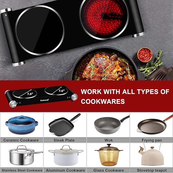 Hot Plate, Techwood 1800W Dual Electric Stove, Countertop Stove Double Burner for Cooking, Infrared Ceramic Hot Plates Double Cooktop, Brushed Stainless Steel Easy to Clean Upgraded Version, Black
