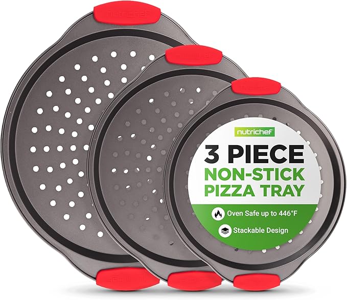 NutriChef 3-Piece Pizza Tray Set with Silicone Handles - Round Nonstick Pizza Pan with Perforated Holes, Durable Carbon Steel, Small, Medium, Large Sizes - Ideal for Crispy, Evenly Baked Pizzas (Gray)