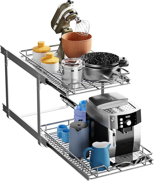 HOLDN’ STORAGE Two Tier Pull Out Cabinet Organizer, Individual Sliding Drawers - Heavy Duty Metal with Lifetime Limited Warranty - Anti Rust Chrome Finish - 14.5" W x 21”D x 16.5" H