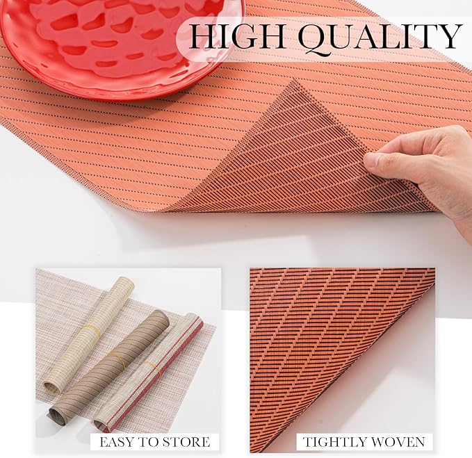 BACKTOEDEN Placemats Set of 6 Heat Resistant Washable Wipeable Placemat Woven Non-Slip Foldable Vinyl/Plastic Place Mats Indoor/Outdoor Mat Kitchen Dining Table Pad, Orange Twill