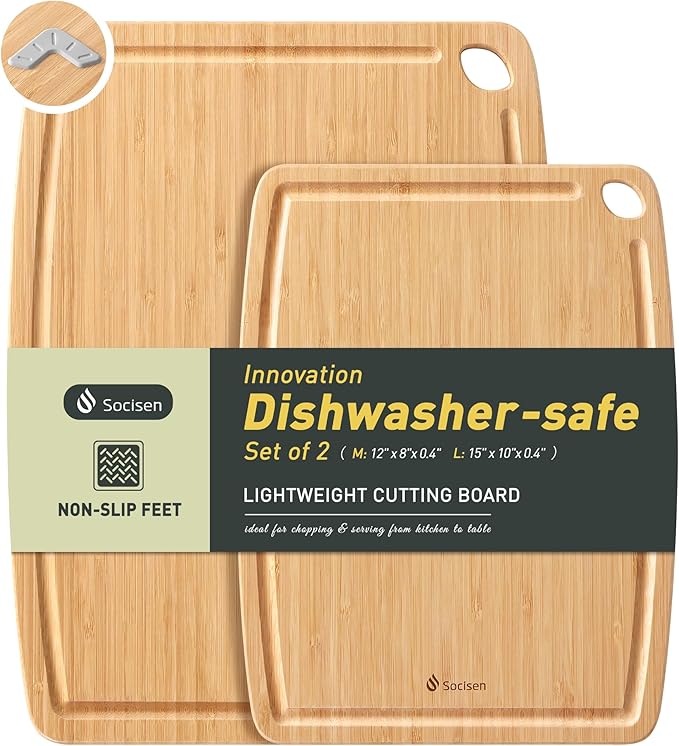 Lightweight Durable Bamboo Cutting Board Set with Non-Slip Feet, Wooden Cutting Boards for Busy Kitchen, Easy Storage & Clean Wooden Chopping Boards with Juice Groove Set of 2 (M+L)