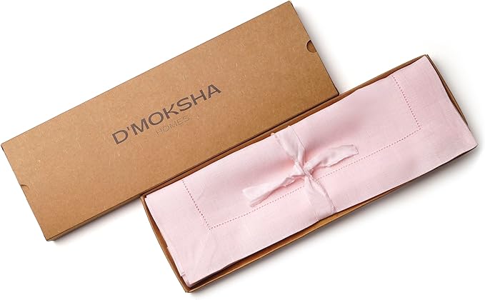 D'Moksha Homes Linen Placemats Set of 4 - Classic Hemstitch Pastel Pink Placemats 14 x 19 Inch - 100% Pure Linen Table Mats for Thanksgiving, Holiday - Handcrafted and Machine Washable