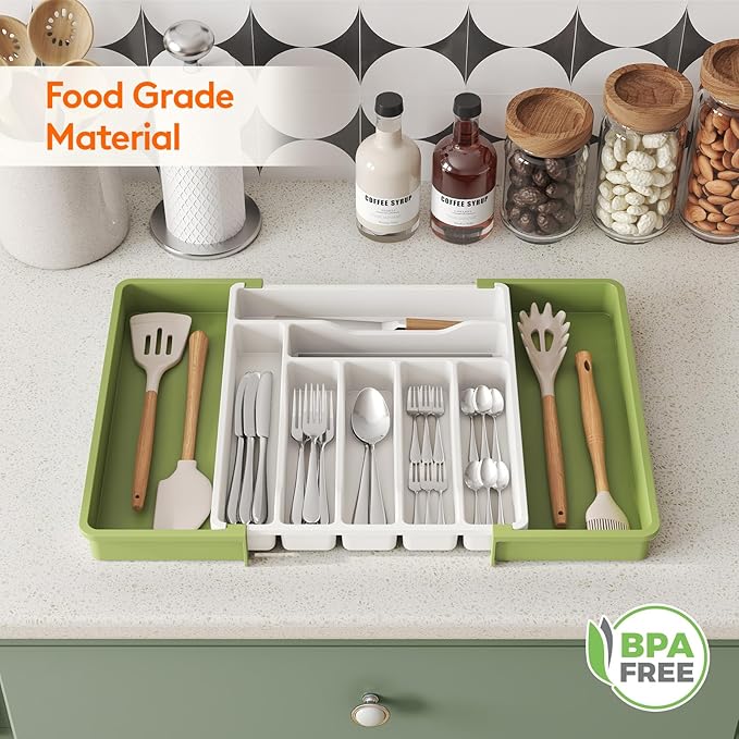 Lifewit Silverware Drawer Organizer, Expandable Utensil Organizer for Kitchen Drawers, Adjustable Cutlery and Flatware Tray, Plastic Spoons Forks Knives Holder Storage Dividers, Large, Green&White