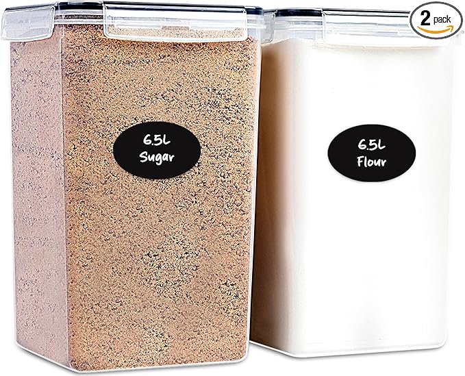 Extra Large Flour and Sugar Storage Containers 6.5L/220 Fl. oz; Set of 2 Plastic Bulk Airtight Food Storage Rice Containers With Lids - Kitchen Pantry Organizer and Storage Canisters, Marker & Labels