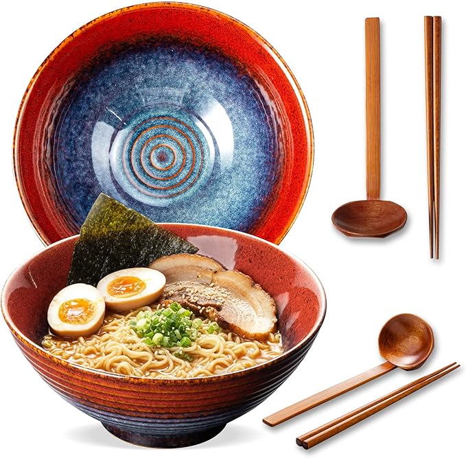 8 Inch Ceramic Ramen Bowl Set of 2, 40oz Japanese Bowls with Spoons & Chopsticks,Durable,Microwave & Dishwasher Safe,Perfect for Ramen,Pho,Salad,Soup,Noodles，Mixing bowls (Aurora Galaxy)
