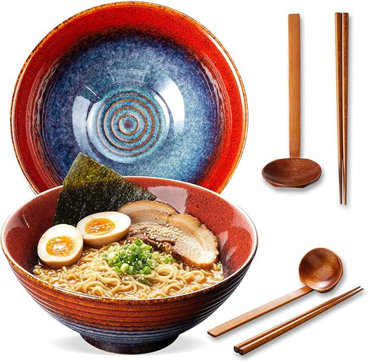 8 Inch Ceramic Ramen Bowl Set of 2, 40oz Japanese Bowls with Spoons & Chopsticks,Durable,Microwave & Dishwasher Safe,Perfect for Ramen,Pho,Salad,Soup,Noodles，Mixing bowls (Aurora Galaxy)