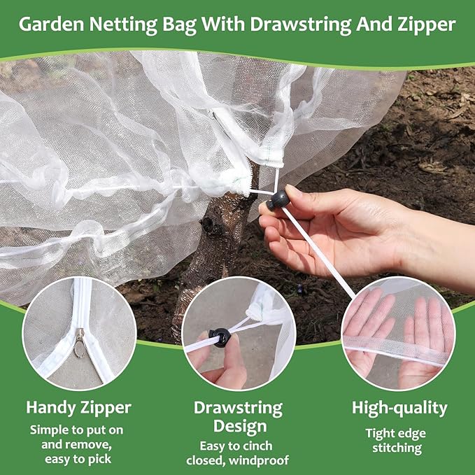 2PCS Large Fruit Tree Netting with Drawstring and Zipper, 8 * 8FT Garden Netting for Garden Protection, Insect Bird Netting for Fruit Trees, Protection from Anti Birds, Bugs,Cicadas
