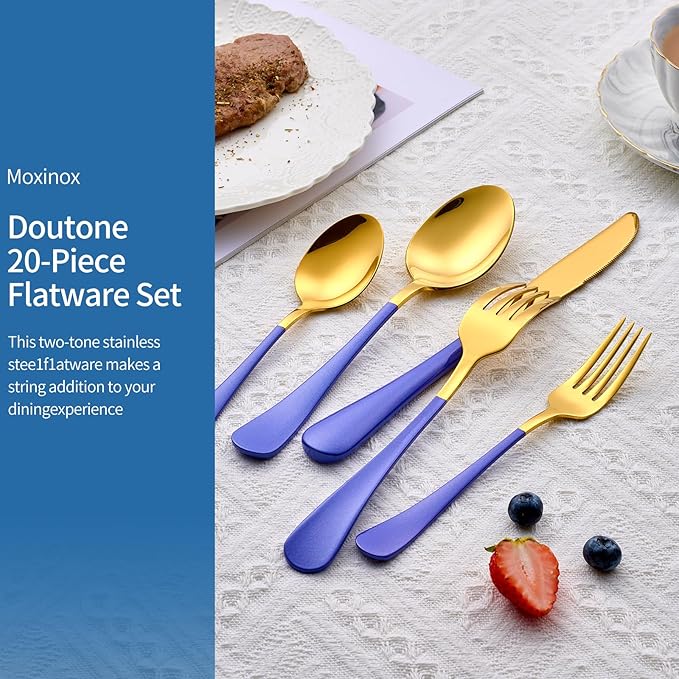 20-Piece Blue & Gold Silverware Set, 18/0 Stainless Steel Colorful Handle Flatware Set,Service for 4,Modern Cutlery Set Includes Dinner Knives Forks Spoons,Mirror Polished,Dishwasher Safe