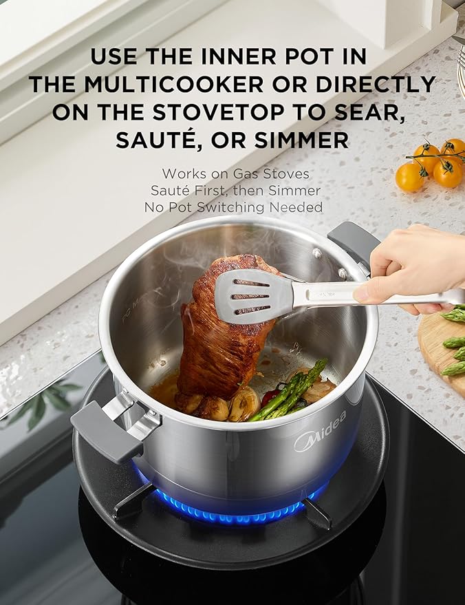 Midea 10-in-1 Electric Pressure Cooker with Slow Cooker, Steamer, Saute, Sous Vide, and Bake Modes, Stovetop & Oven Safe Stainless Steel Pot, 6 Quarts