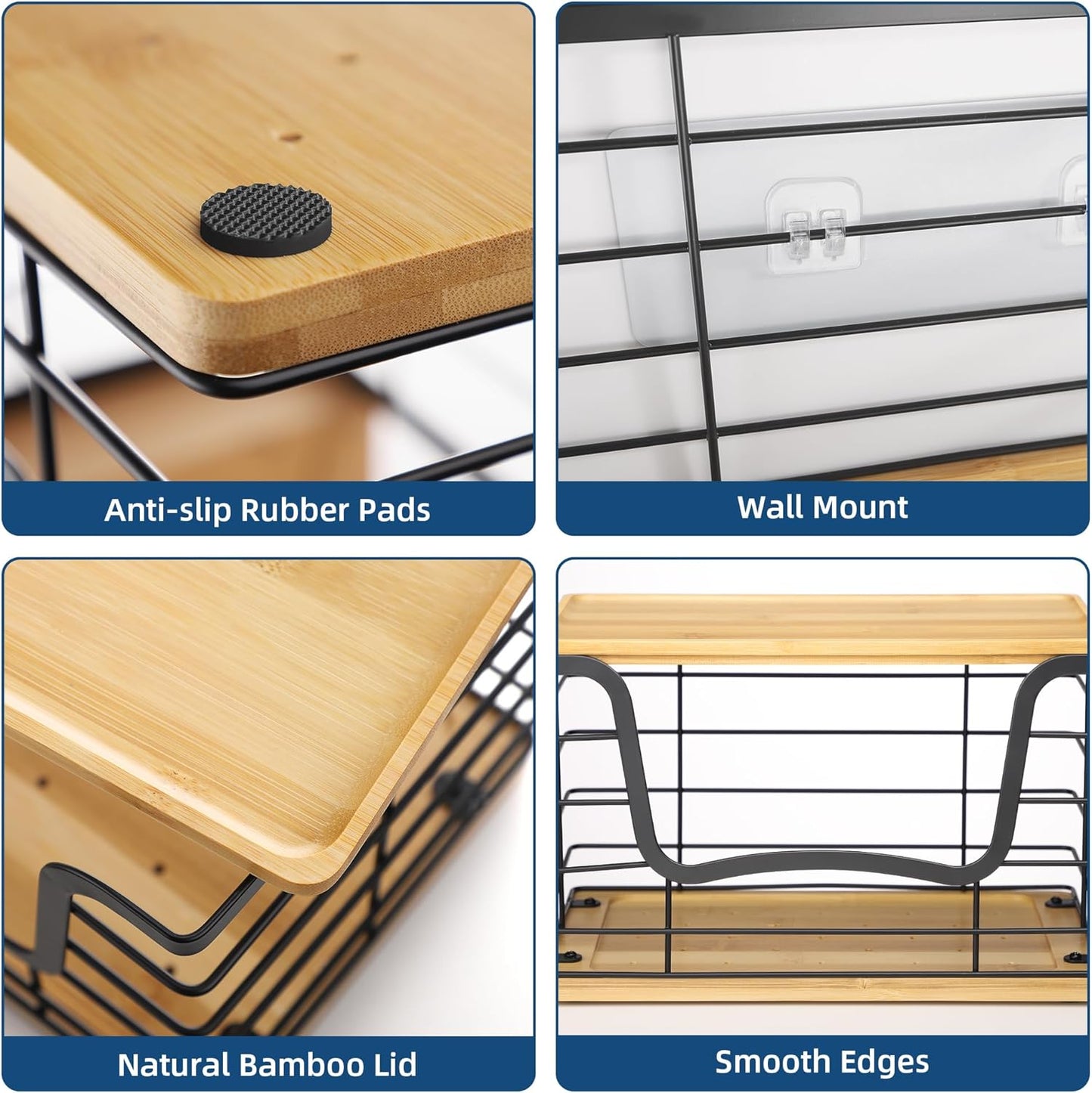 Trash Bag Dispenser Holder for Kitchen 2 Pack Laundry Room Trash Bag Holder Wall Mount Garbage Bag Dispenser Stainless Steel Roll Holder with Bamboo Top for Countertop, Under Sink