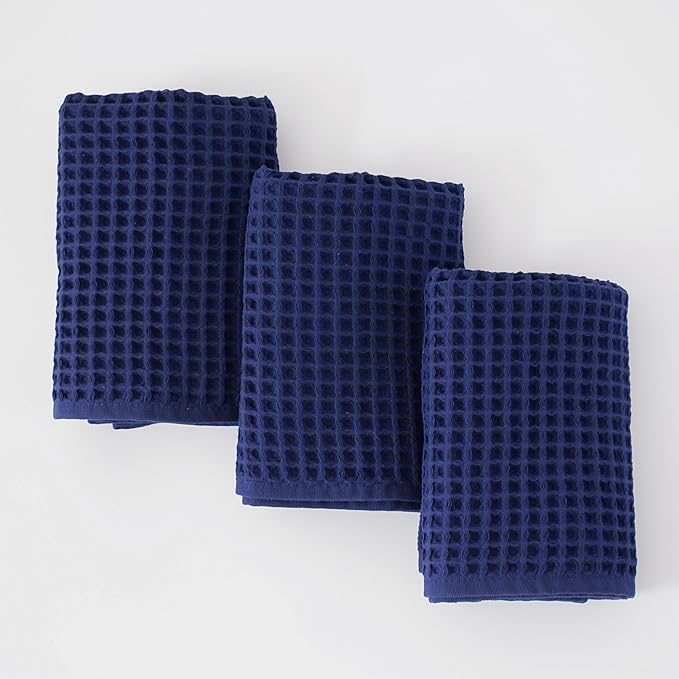PÜSKÜL Organic Waffle Kitchen Towel 100% Turkish Cotton Set of 3 Navy Blue - Premium Quality, Soft, Quick-Dry, Absorbent, Lint-Free Hand Towels 32X16 Inches (3, Navy Blue)