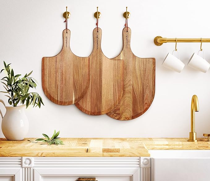 KitchenStar 12-Inch Acacia Wood Pizza Peel – Wooden Cutting & Serving Board with Handle & Hanging Loop – Natural Oil Finish – Ideal Pizza Oven Accessory for Easy Sliding & Prep