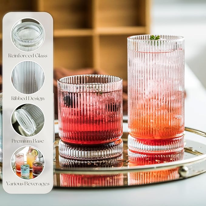 KEMORELA Ribbed Glassware Set of, Origami Style 16 Oz XL Drinking Glasses with Straws, Vintage Glassware Set - Glass Cups, Iced Coffee Cups Perfect for Cocktails, Smoothies, Juice, Beer (8Pcs)
