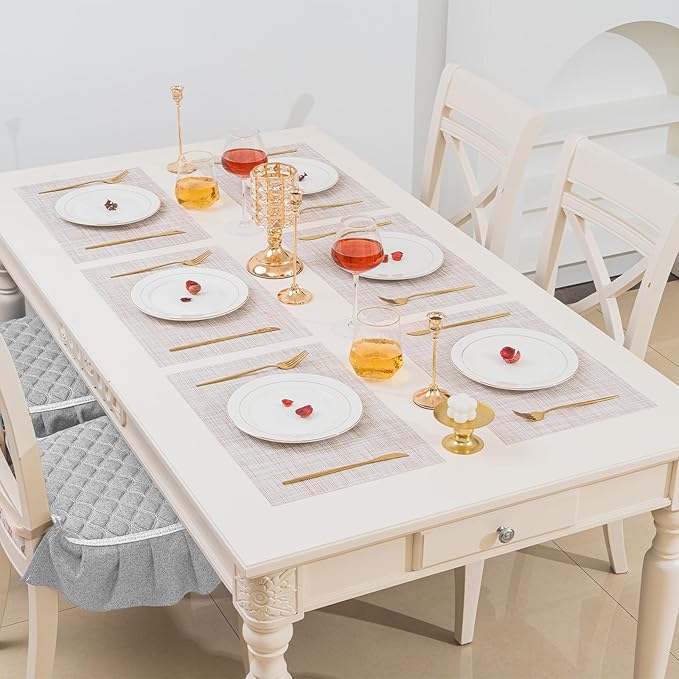 BACKTOEDEN Placemats Set of 8 Heat Resistant Washable Wipeable Placemat Woven Non-Slip Foldable Vinyl/Plastic Place Mats Indoor/Outdoor Mat Kitchen Dining Table Pad, Beige