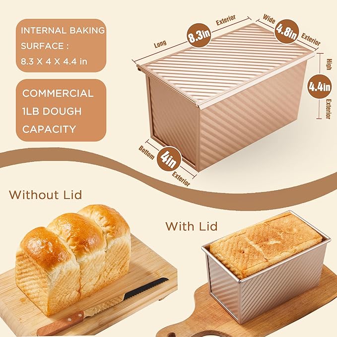 KITESSENSU Pullman Loaf Pan with Lid 2 Pack, 1 lb Dough Capacity Non-Stick Bakeware for Baking Bread, Carbon Steel Corrugated Bread Toast Box Mold with Cover for Baking Bread, Gold