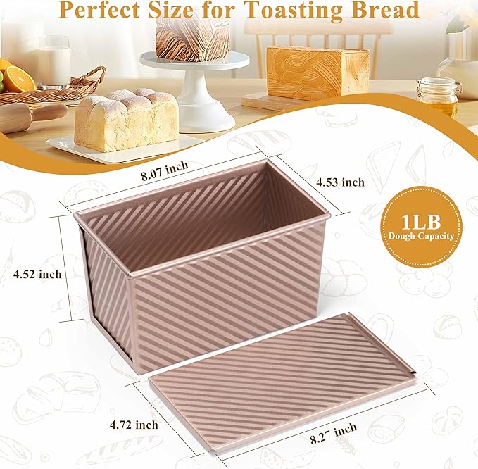 LIANYU 3 Pack Pullman Loaf Pan with Lid, 1 LB Nonstick Carbon Steel Loaf Pans Set, Heavy Duty Rectangle Bakeware with Cover for Homemade Sourdough Bread Sandwich, Rose Gold