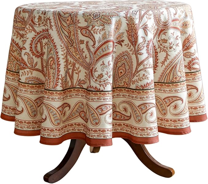 Design Linen Tablecloth for Round Tables,Paisley Style Table Cloth with Cashew Pattern,Heavy Durable Table Cover for Dining Thanksgiving Kitchen Decor Party Christmas,Diameter 67"