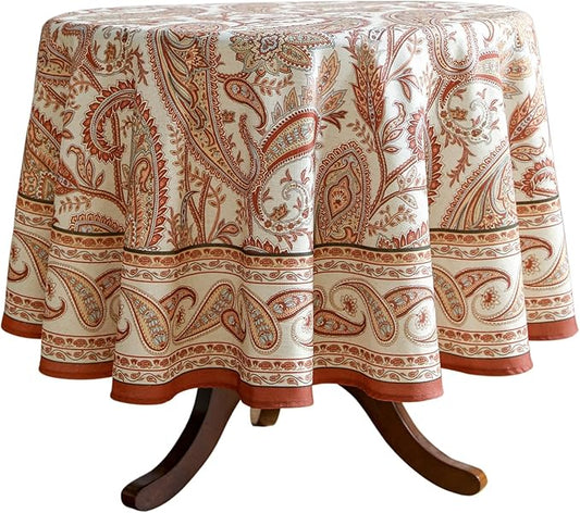 Design Linen Tablecloth for Round Tables,Paisley Style Table Cloth with Cashew Pattern,Heavy Durable Table Cover for Dining Thanksgiving Kitchen Decor Party Christmas,Diameter 67"