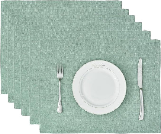 BALCONY & FALCON Placemats Set of 6 Faux Linen Cloth Place Mats Washable Waterproof Wrinkle Resistant Table Placemats for Dining Kitchen Farmhouse Indoor & Outdoor Use(Celadon Green, 13.8”x 17.7”