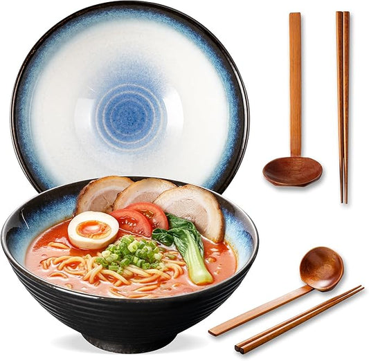 8 Inch Ceramic Ramen Bowl Set of 2, 40oz Japanese Bowls with Spoons & Chopsticks,Durable,Microwave & Dishwasher Safe,Perfect for Ramen,Pho,Salad,Soup,Noodles，Mixing bowls（Midnight）